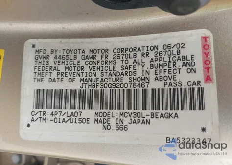 2002 Lexus Es 300 z USA, uszkodzony, nr VIN JTHBF30G920076467